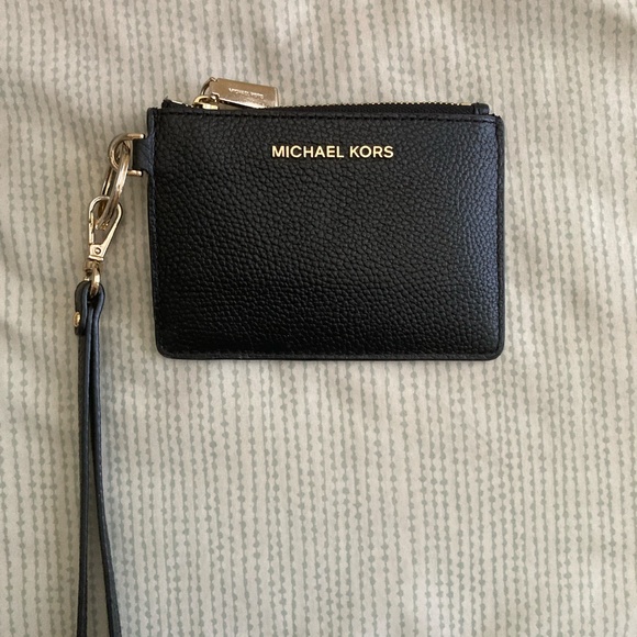 Michael Kors Leather Jet Black and Gold Small Coin Wallet Wristlet Purse - Picture 5 of 13